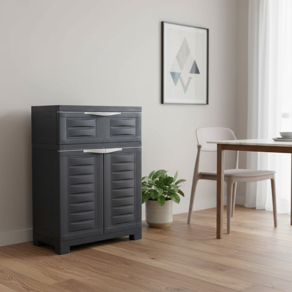 HomeRoots 35" Dark Gray Heavy-Duty Utility Cabinet with Two Doors & One Drawer for Optimal Vertical Storage 668937