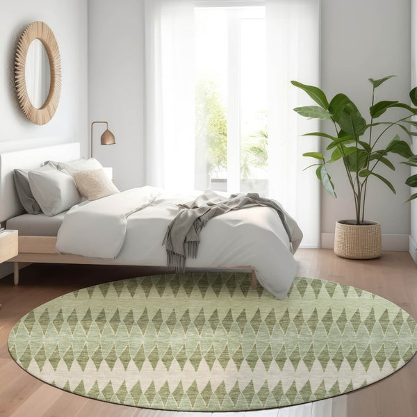 HomeRoots 8' Artichoke Green & Beige Striped Washable Round Rug – Durable, UV-Protected & Kid-Friendly Decor 668943