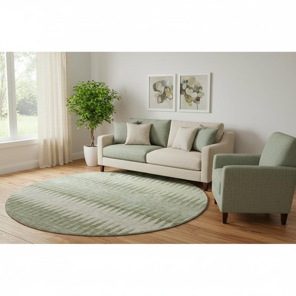 HomeRoots 8' Artichoke Green & Beige Striped Washable Round Rug – Durable, UV-Protected & Kid-Friendly Decor 668943