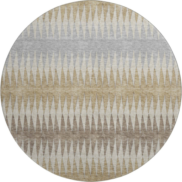 HomeRoots 8' Beige Gray Ivory Striped Round Rug - Washable, UV Protected, Stain Resistant, Family-Friendly Design 668949
