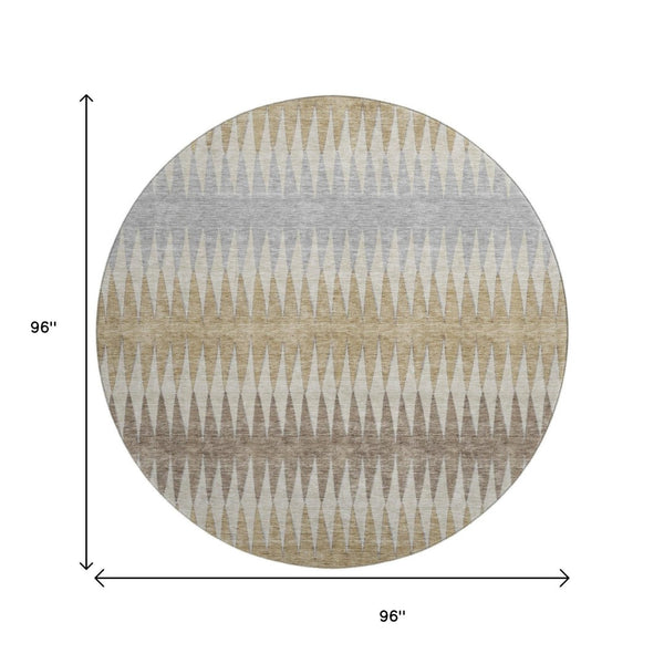 HomeRoots 8' Beige Gray Ivory Striped Round Rug - Washable, UV Protected, Stain Resistant, Family-Friendly Design 668949