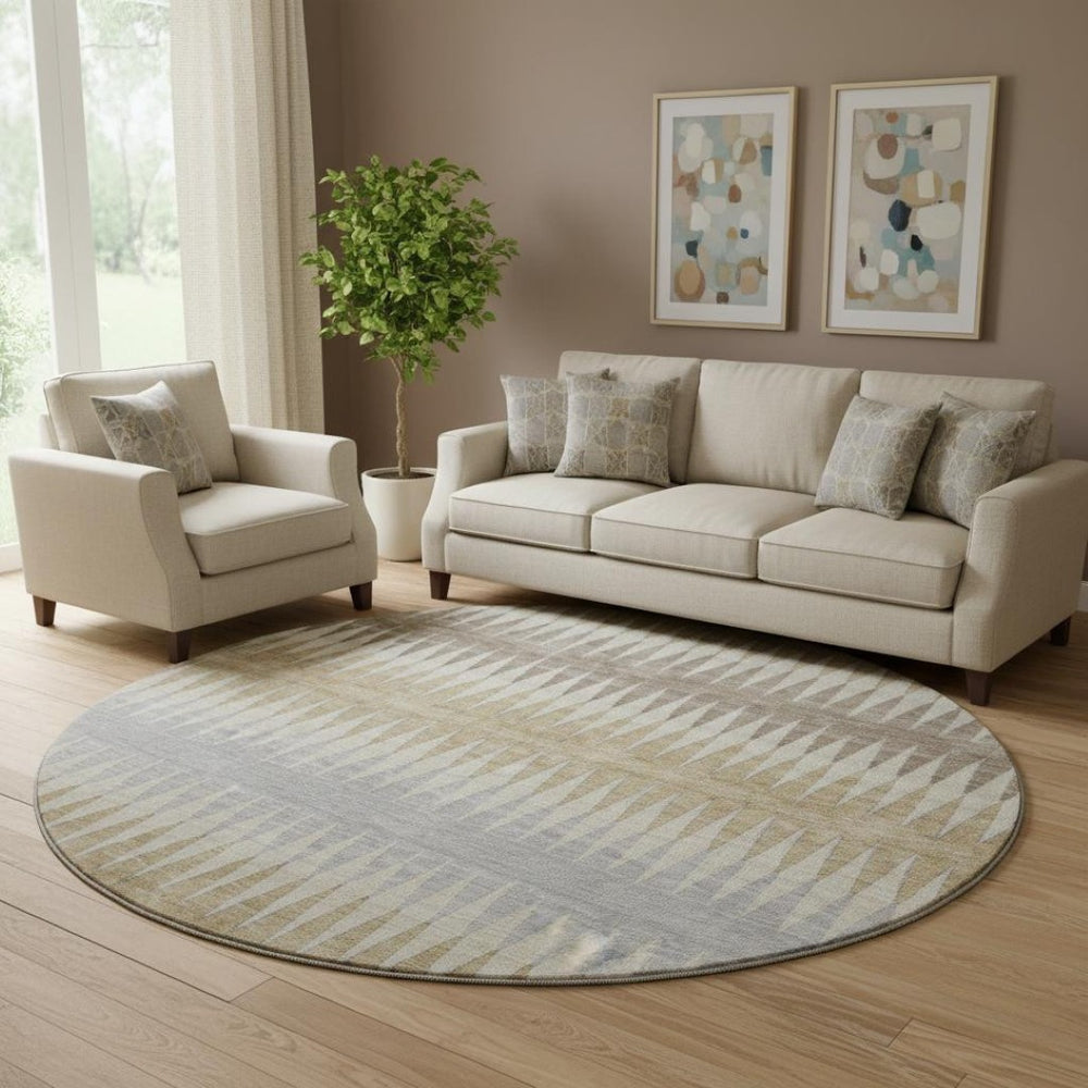 HomeRoots 8' Beige Gray Ivory Striped Round Rug - Washable, UV Protected, Stain Resistant, Family-Friendly Design 668949