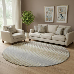 HomeRoots 8' Beige Gray Ivory Striped Round Rug - Washable, UV Protected, Stain Resistant, Family-Friendly Design 668949