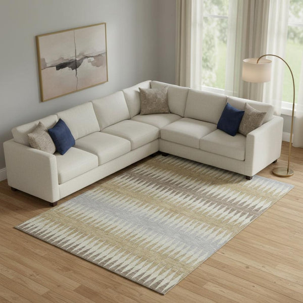 HomeRoots 8' X 10' Beige Gray Ivory Striped Area Rug - Durable, Washable, UV Protected for Stylish Living Spaces 668950