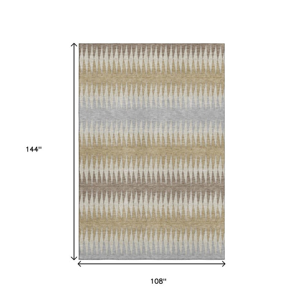 HomeRoots 9' X 12' Stylish Beige Gray Ivory Striped Washable Area Rug with UV Protection for High-Traffic Homes 668951