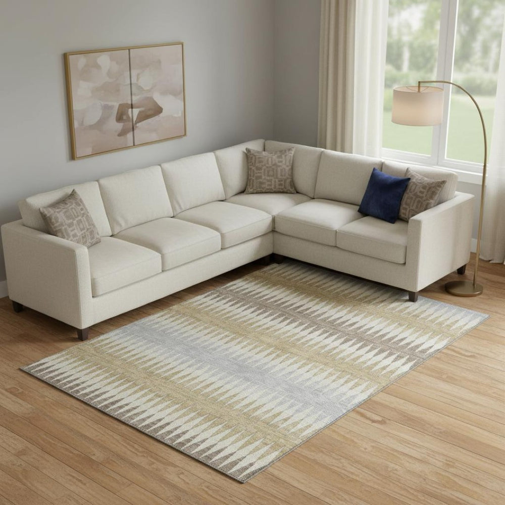 HomeRoots 10' X 14' Striped Washable Area Rug in Beige, Gray & Ivory - UV Protected & Stain Resistant Design 668952