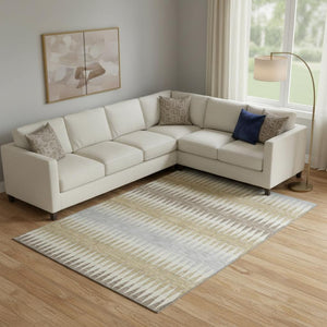 HomeRoots 10' X 14' Striped Washable Area Rug in Beige, Gray & Ivory - UV Protected & Stain Resistant Design 668952