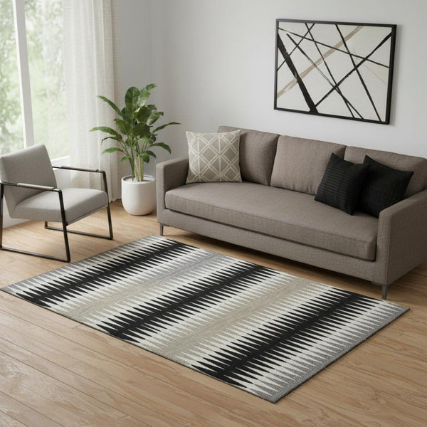 HomeRoots 5' Stylish Black, Gray & Ivory Striped Washable Area Rug - UV Protected, Durable for High-Traffic Spaces 668954