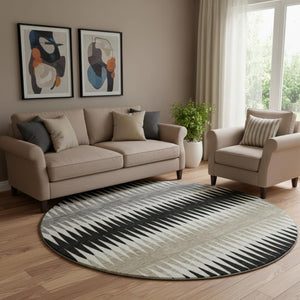 HomeRoots 8' Stylish Black Gray and Ivory Striped Washable Round Rug with UV Protection for High-Traffic Areas 668955