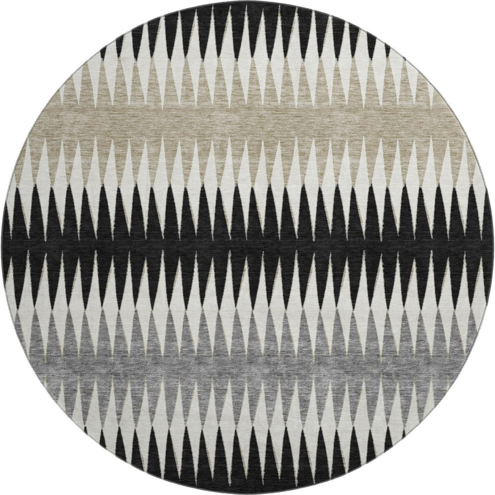 HomeRoots 8' Stylish Black Gray and Ivory Striped Washable Round Rug with UV Protection for High-Traffic Areas 668955