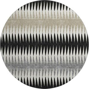 HomeRoots 8' Stylish Black Gray and Ivory Striped Washable Round Rug with UV Protection for High-Traffic Areas 668955