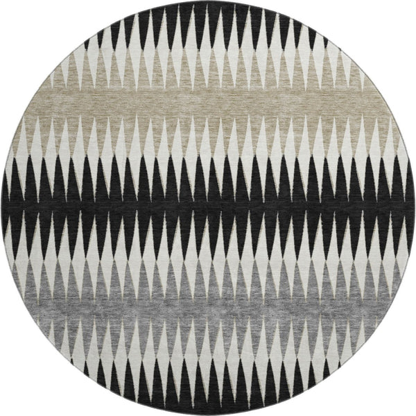 HomeRoots 8' Stylish Black Gray and Ivory Striped Washable Round Rug with UV Protection for High-Traffic Areas 668955