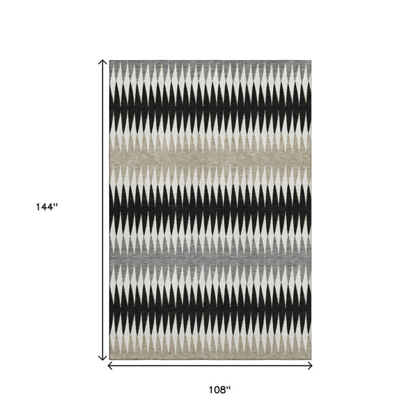 HomeRoots 9' X 12' Washable Striped Area Rug in Black, Gray & Ivory - UV Protected, Durable for Kids & Pets 668957
