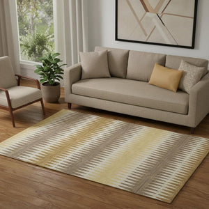 HomeRoots 5' X 8' Washable Chocolate Gold Beige Striped Area Rug with UV Protection for High-Traffic Homes 668960
