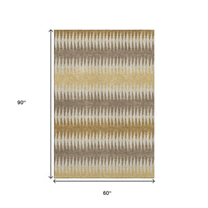 HomeRoots 5' X 8' Washable Chocolate Gold Beige Striped Area Rug with UV Protection for High-Traffic Homes 668960