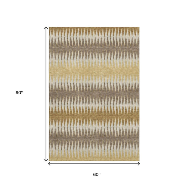 HomeRoots 5' X 8' Washable Chocolate Gold Beige Striped Area Rug with UV Protection for High-Traffic Homes 668960