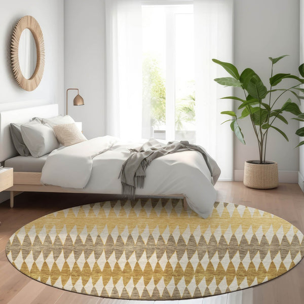 HomeRoots 8' Chocolate, Gold & Beige Striped Washable Round Rug – Stylish, Durable, UV-Protected for All Spaces 668961