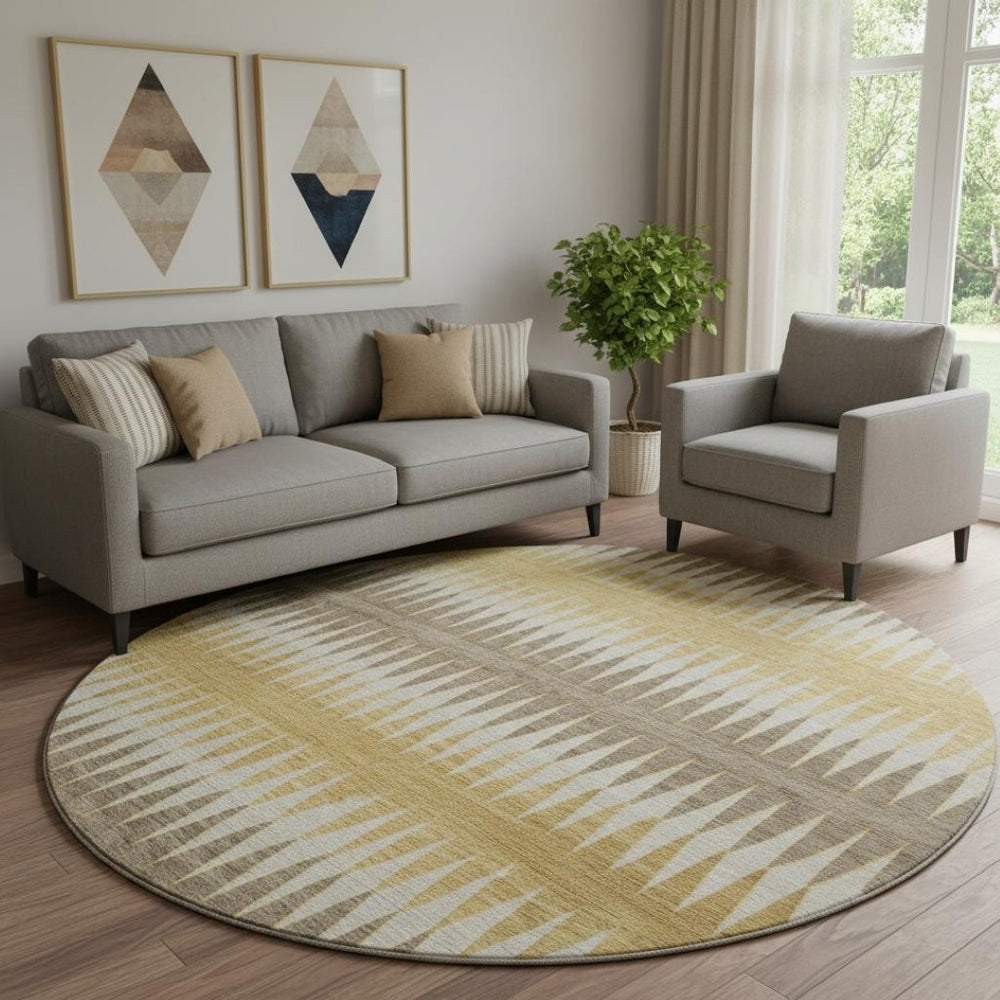 HomeRoots 8' Chocolate, Gold & Beige Striped Washable Round Rug – Stylish, Durable, UV-Protected for All Spaces 668961