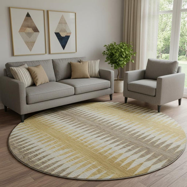 HomeRoots 8' Chocolate, Gold & Beige Striped Washable Round Rug – Stylish, Durable, UV-Protected for All Spaces 668961