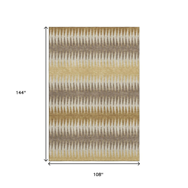 HomeRoots 9' x 12' Washable Area Rug – Stylish Chocolate, Gold & Beige Stripes with UV Protection for Homes 668963