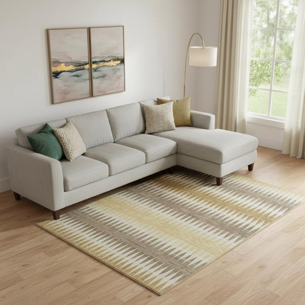 HomeRoots 9' x 12' Washable Area Rug – Stylish Chocolate, Gold & Beige Stripes with UV Protection for Homes 668963