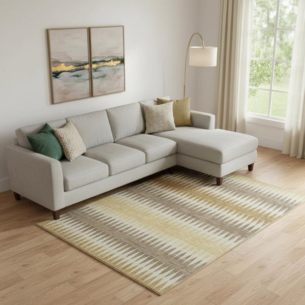 HomeRoots 9' x 12' Washable Area Rug – Stylish Chocolate, Gold & Beige Stripes with UV Protection for Homes 668963