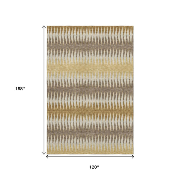 HomeRoots 10' X 14' Washable Area Rug - Chocolate, Gold & Beige Stripes with UV Protection for Busy Homes 668964