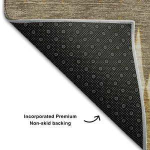 HomeRoots 10' X 14' Washable Area Rug - Chocolate, Gold & Beige Stripes with UV Protection for Busy Homes 668964