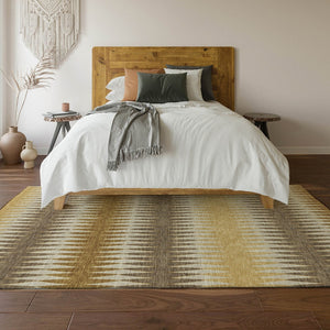HomeRoots 10' X 14' Washable Area Rug - Chocolate, Gold & Beige Stripes with UV Protection for Busy Homes 668964