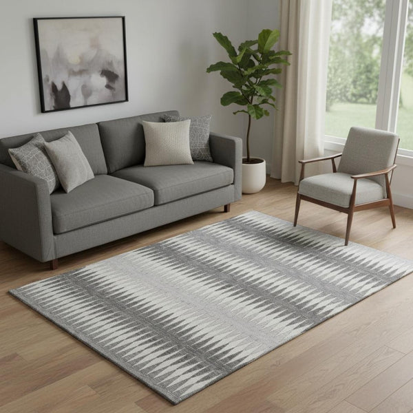 HomeRoots 5' X 8' Gray And Silver Striped Washable Area Rug – Stylish, Durable, UV-Protected for High-Traffic Spaces 668966