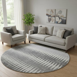 HomeRoots 8' Gray and Silver Striped Washable Round Rug - UV Protected, Stain-Resistant for Family Spaces 668967