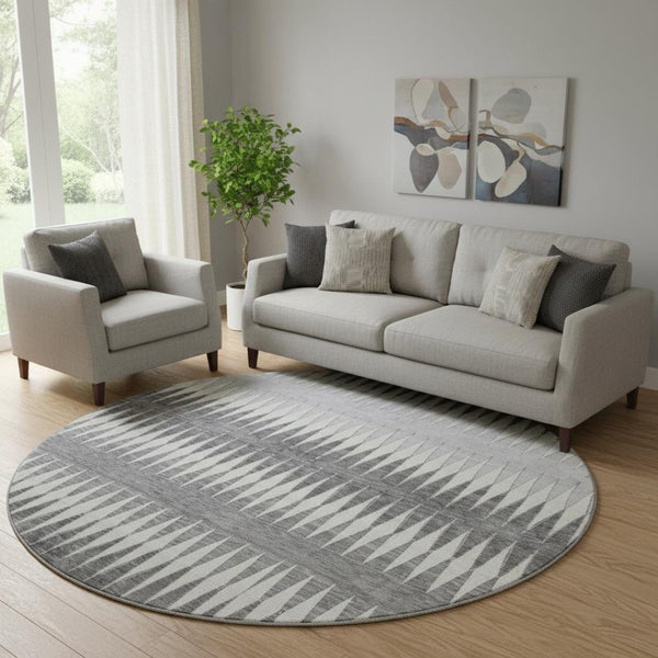 HomeRoots 8' Gray and Silver Striped Washable Round Rug - UV Protected, Stain-Resistant for Family Spaces 668967