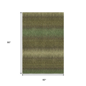 HomeRoots 5' X 8' Washable Olive Green & Chocolate Striped Area Rug – UV Protection for Everyday Elegance 668978