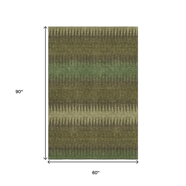HomeRoots 5' X 8' Washable Olive Green & Chocolate Striped Area Rug – UV Protection for Everyday Elegance 668978