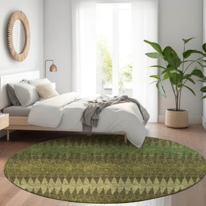 HomeRoots 8' Olive Green and Chocolate Striped Washable Round Rug – UV Protected, Durable, Family-Friendly Design 668979