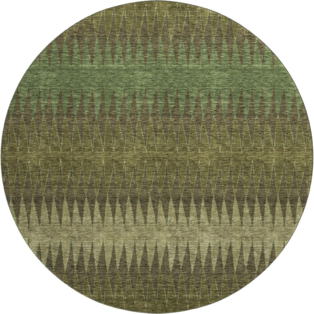 HomeRoots 8' Olive Green and Chocolate Striped Washable Round Rug – UV Protected, Durable, Family-Friendly Design 668979