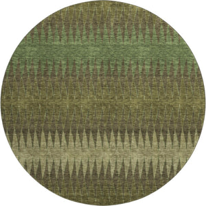HomeRoots 8' Olive Green and Chocolate Striped Washable Round Rug – UV Protected, Durable, Family-Friendly Design 668979