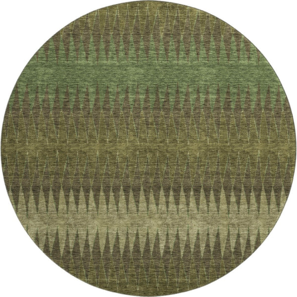 HomeRoots 8' Olive Green and Chocolate Striped Washable Round Rug – UV Protected, Durable, Family-Friendly Design 668979