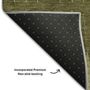 HomeRoots 8' Olive Green and Chocolate Striped Washable Round Rug – UV Protected, Durable, Family-Friendly Design 668979