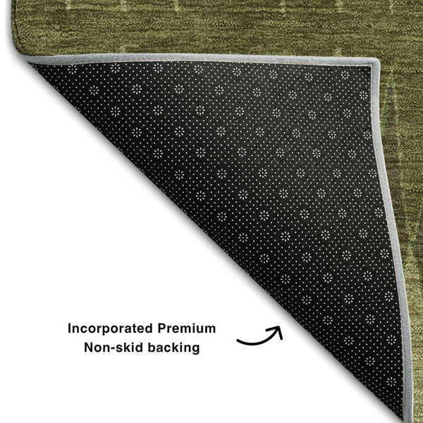 HomeRoots 8' Olive Green and Chocolate Striped Washable Round Rug – UV Protected, Durable, Family-Friendly Design 668979