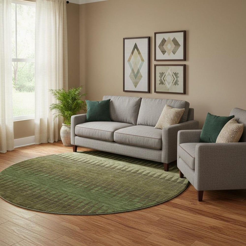HomeRoots 8' Olive Green and Chocolate Striped Washable Round Rug – UV Protected, Durable, Family-Friendly Design 668979