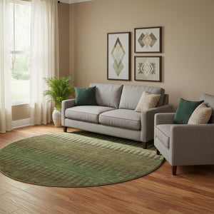 HomeRoots 8' Olive Green and Chocolate Striped Washable Round Rug – UV Protected, Durable, Family-Friendly Design 668979