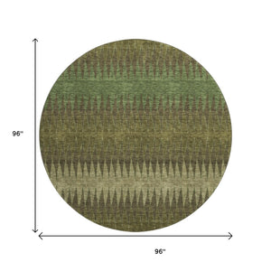 HomeRoots 8' Olive Green and Chocolate Striped Washable Round Rug – UV Protected, Durable, Family-Friendly Design 668979