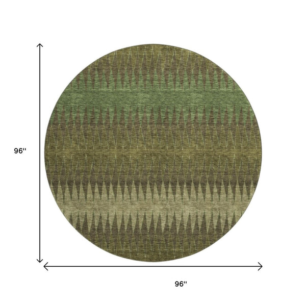 HomeRoots 8' Olive Green and Chocolate Striped Washable Round Rug – UV Protected, Durable, Family-Friendly Design 668979