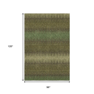 HomeRoots 8' X 10' Olive Green & Chocolate Striped Washable Area Rug with UV Protection for High-Traffic Spaces 668980