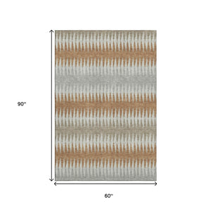 HomeRoots 5' X 8' Elegant Rust Gray & Silver Striped Area Rug - Washable, UV Protected, Stain Resistant! 668984