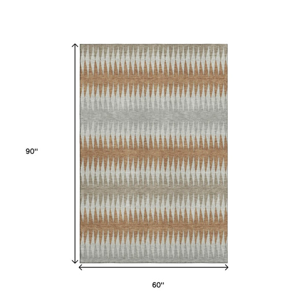 HomeRoots 5' X 8' Elegant Rust Gray & Silver Striped Area Rug - Washable, UV Protected, Stain Resistant! 668984