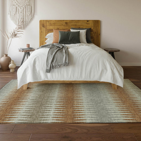 HomeRoots 9' X 12' Striped Washable Area Rug in Rust Gray & Silver - UV Protected, Durable, Easy-Care Design 668987