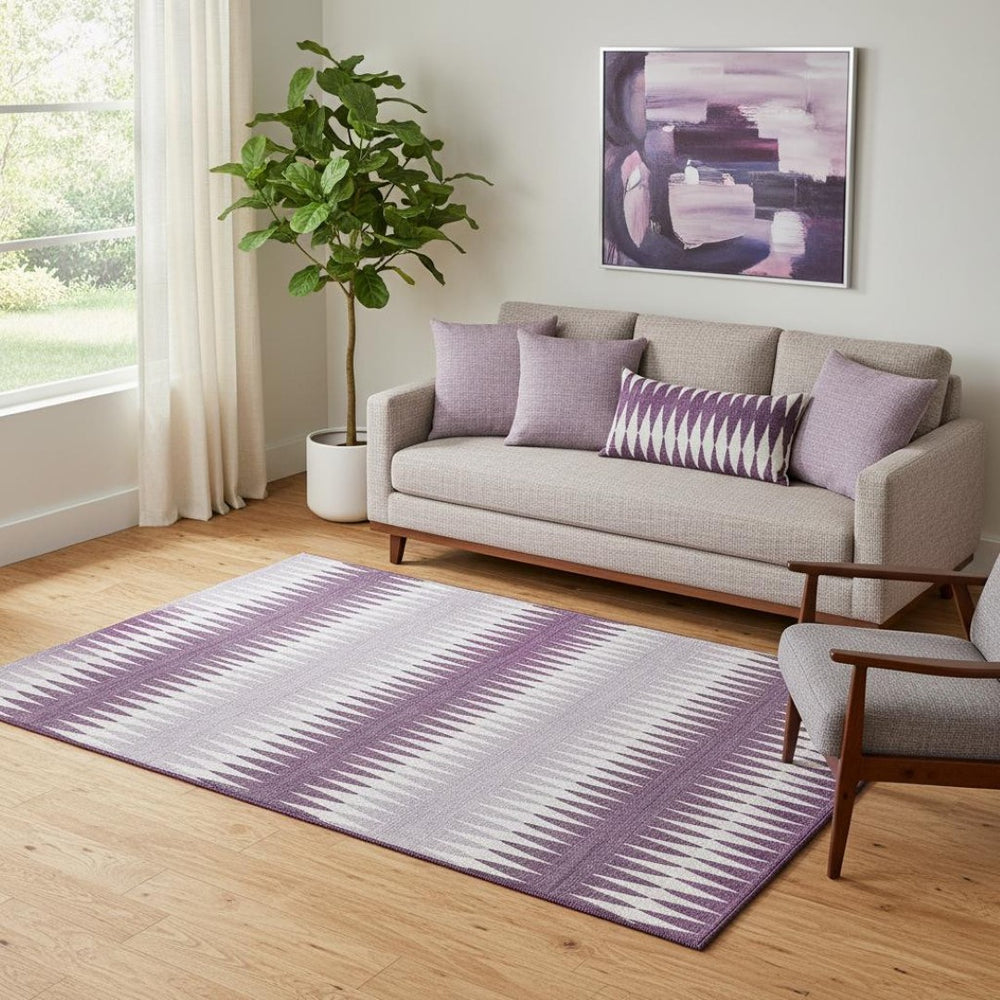 HomeRoots 5' X 8' Striped Purple and Silver Washable Area Rug with UV Protection for Homes with Kids & Pets 668990