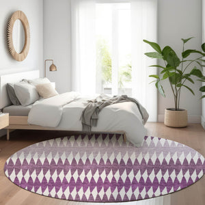 HomeRoots 8' Striped Washable Round Rug in Vibrant Purple and Silver – UV Protected, Durable, and Stylish Decor 668991